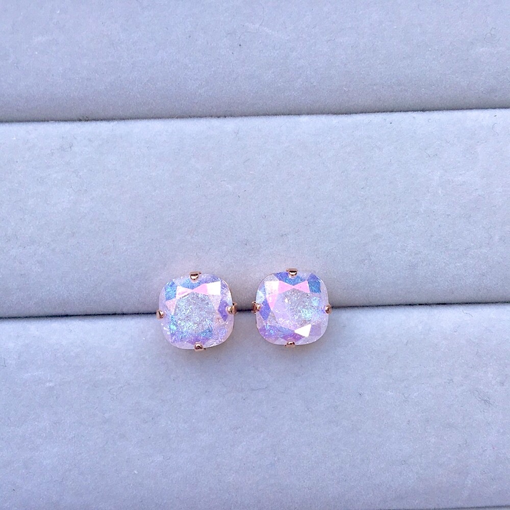 Aurora Borealis Pink Ice + Rose Gold Cushion Cut Crystal Earrings - Picture 10 of 10